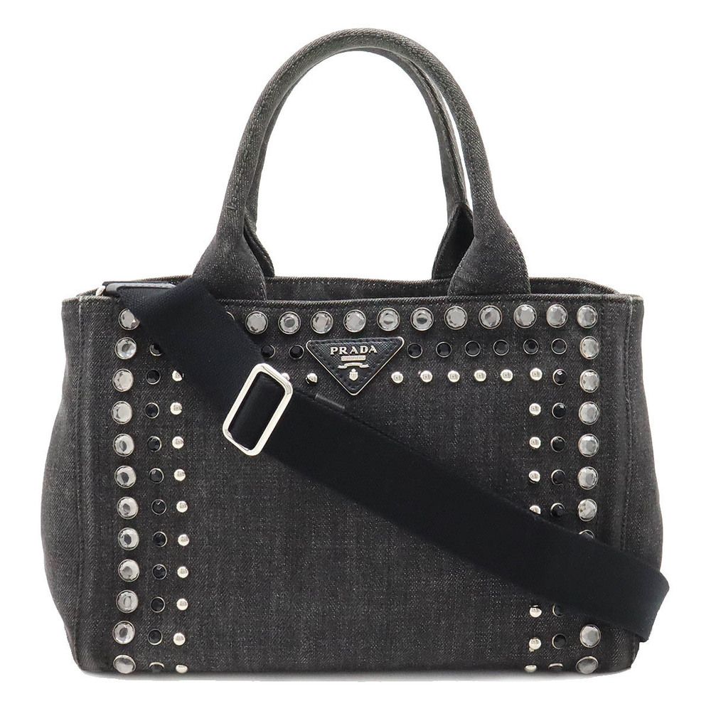 Prada Canapa Tote Bag Shoulder Rhinestones Studs Denim NERO Black